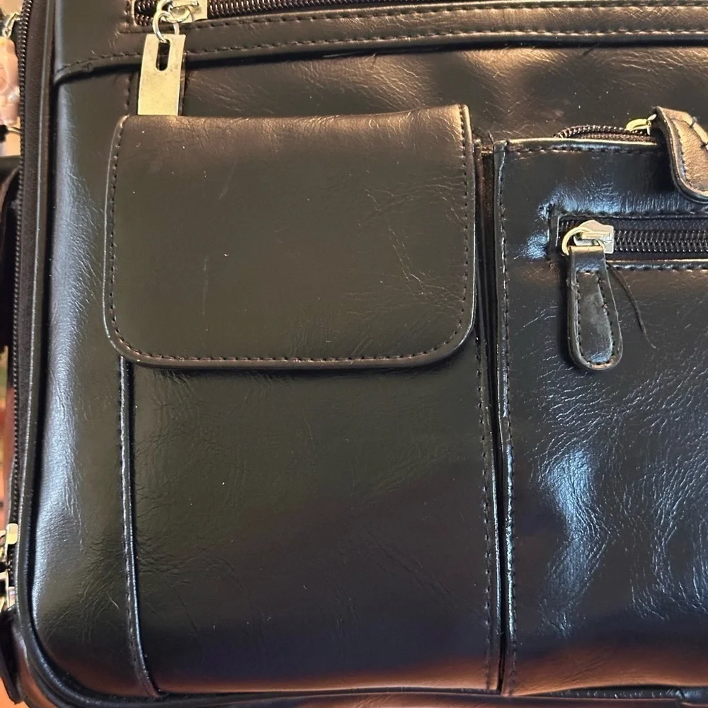 Black Vinyl Laptop Briefcase Business Tote Bag Multi Pocket Zip Work Bag